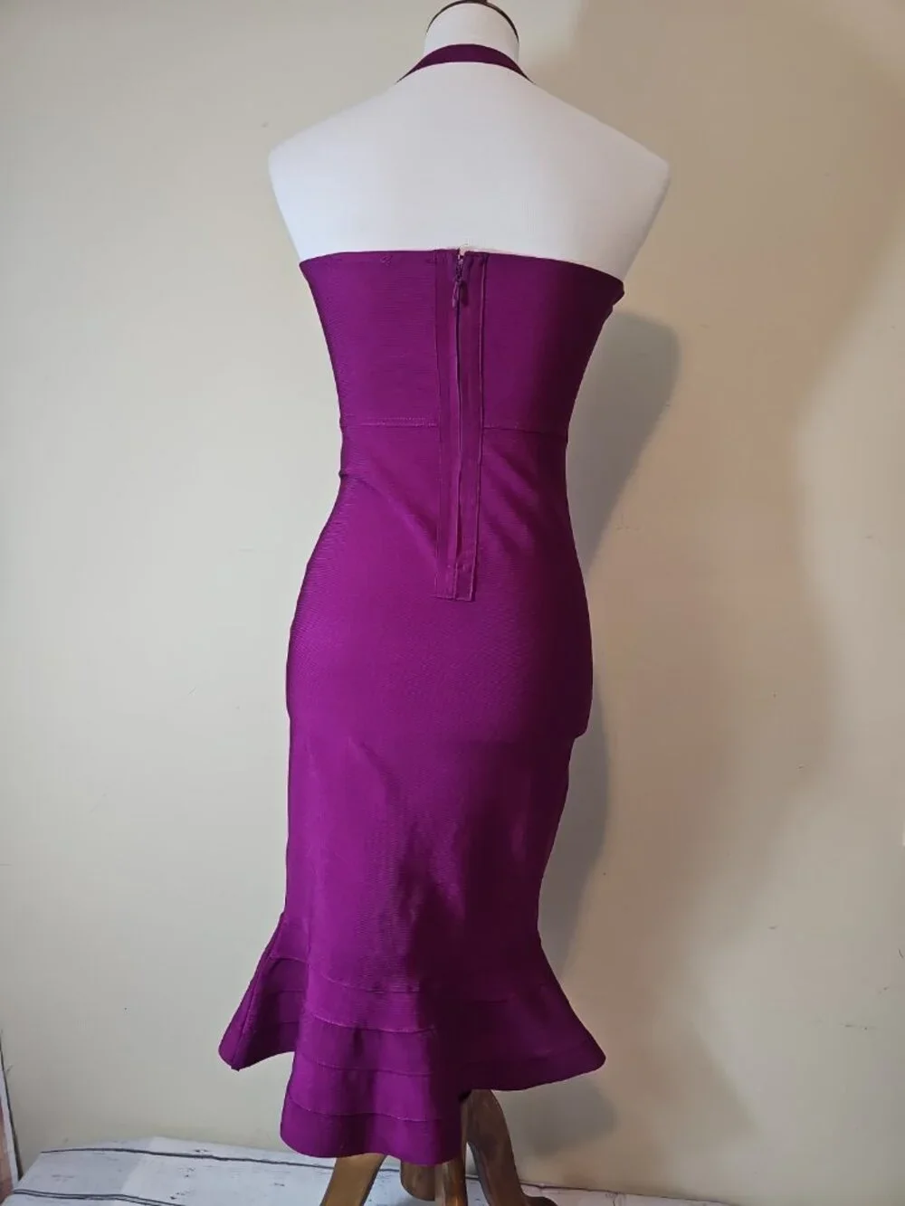 Akira Halter Neck Peplum Mermaid Bandage Cocktail Dress Magenta L